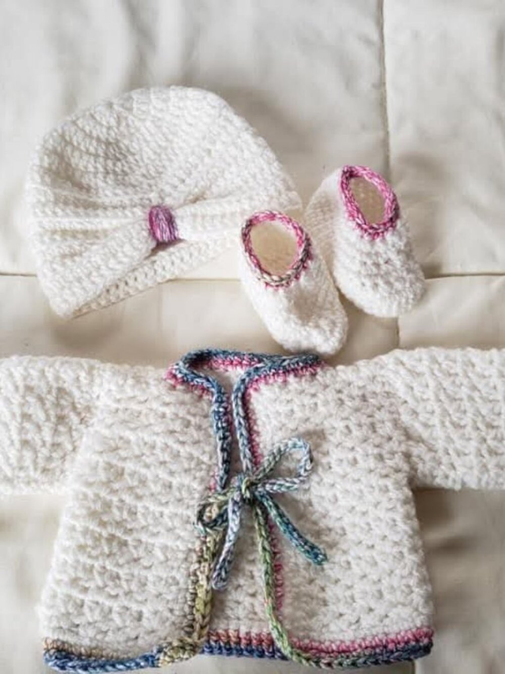 3 piece Hand Crocheted Newborn Sweater Set
